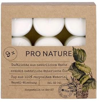 Müller Kerzen PRO NATURE Candele Profumate Tealights - 9 Candeline Bianche alla Betulla & Erbe Aromatiche - 38 x 24 mm - Durata 6 Ore - Cera Naturale e Oli di Colza