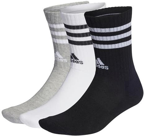 adidas 3-stripes Cushioned Crew Socks 3 Pairs, Calzini Unisex - Bambini e ragazzi, Medium Grey Heather/White/Black/White, S (Pacco da 3)