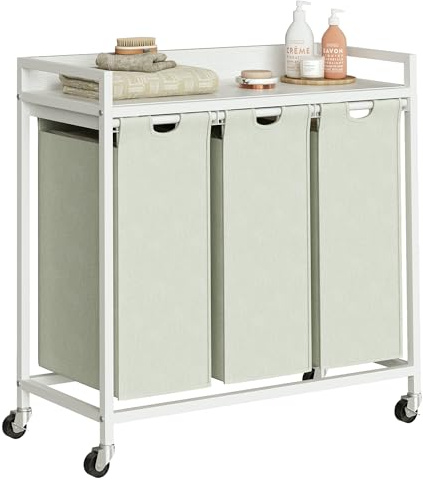 Herture 180L Laundry Basket 3 Compartments, Laundry Hamper with Shelf, Laundry Sorter with 3 Pull-Out Removable Bags and Wheels, Metal Frame, 3 x 60L, for Bathroom Utility Room, White PF04XLW