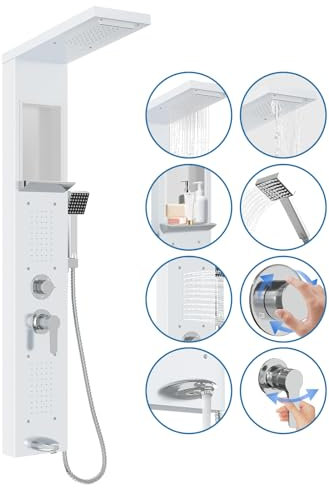 LZQ Duschpaneel Edelstahl, 5-Funktion Duschsystem mit Regendusche, Wasserfall, 2 Massagedüsen, Handbrause und Wannenauslauf, Wandmontiertes Duschset (Weiß)