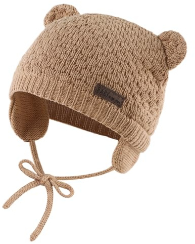 XIAOHAWANG Bébé Chapeau d'hiver Tricoté Enfant Bonnet Ours Chapeaux Fille Garçon Visage Oreille Protect(Kaki, 0-6 Months)