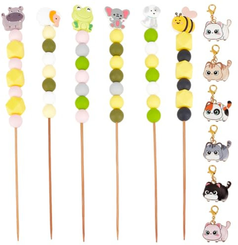 DELORIGIN 6 Styles Animal Silicone Beads Crochet Hooks Set with 6pc Cat Stitch Marker for Crocheting and Knitting, Beadable Bamboo Knitting Needle for Beginners Crocheting Yarn Craft DIY Gift