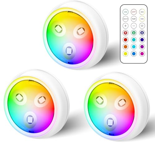 GBKDQQ LED RGB Spots batteridriven med fjärrkontroll, set om 3, 13 färgskiftningar, skåpbelysning, dimbar, vitrinbelysning, trådlös LED-touch-lampa, timer, underbyggd lampa, batteri till självhäftande