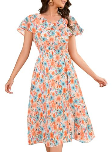 Bridesmay Women's Summer Floral Midi Dresses Ruffle Sleeve Beach Wedding Guest Dress V Neck Flowy Dresses Orange Blue Flower M