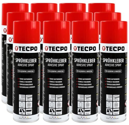 TECPO Sprühkleber 12x 500ml, Industriekleber, Stark haftend, Schnelle Trocknung, Hohe Temperaturbeständigkeit, Vielseitig für Textilien, Leder, Schaumstoffe, Dämmmaterialien, PVC, Papier