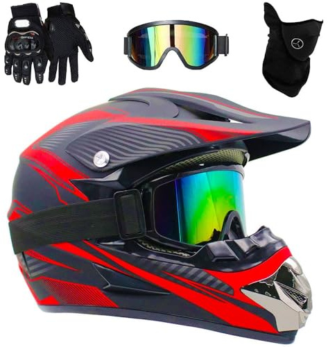 Cool Casque de Motocross Intégral, Casque Cycliste pour Enfants, avec Goggle Gants Masque, Casques de VTT BMX Downhill Mountain Bike Quad, Approuvé par Le Dot(Red Lines,S(52-53cm))