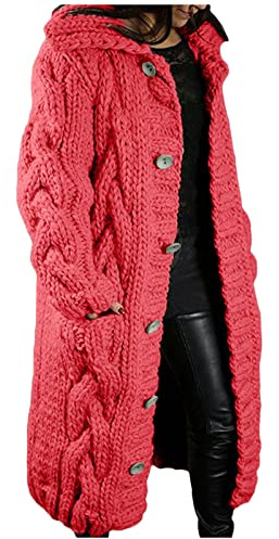 Cárdigan de ganchillo para mujer, largo y grueso, suéter de punto grueso para mujer, cárdigan de punto largo con frente abierto con bolsillos para invierno, talla extragrande, rosso, L