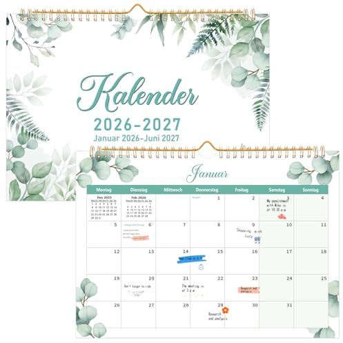 Kalender 2026/2027 Wandkalender, 18 Monate Kalender A4 von Jan 2026 bis Jun 2027, Wandkalender 2026 Familienplaner Monatskalender für Zuhause Büro, 30x21cm (Grüne Blätter)