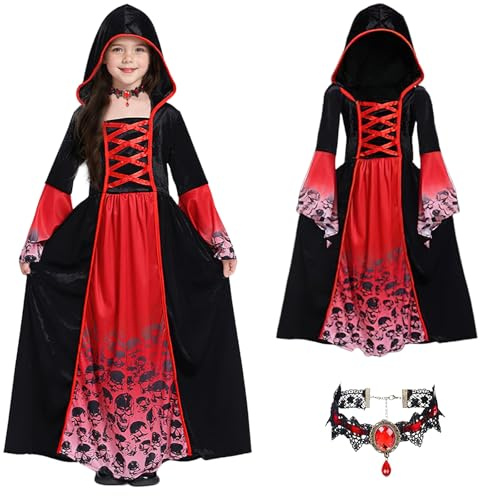 XIMEY Halloweenkostym barn, vampyrdräkt flicka, halloweenklänning flicka, Dracula kostym barn, M/L för 7–12 år, karneval, maskerad, scenstycke för barn (A, M)