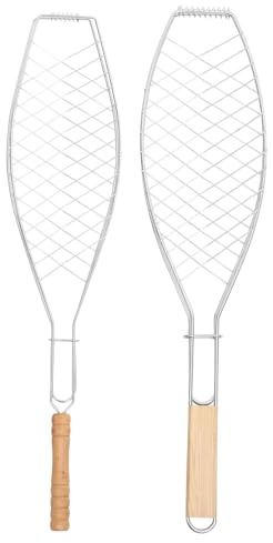 Mikikit 2piezas Clip Para Parrilla De Barbacoa Cesta De Rejilla Redonda Estructura De Alambre Pinza Para Pescado Barbacoa Para Exteriores Mango De Madera Gruesa Fina