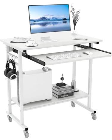 COSTWAY Skrivbord med hjul, tangentbordshylla, platsbesparande datorbord, PC-bord med förvaringsyta under och krok, industriellt laptopbord för hemmakontoret (vit)
