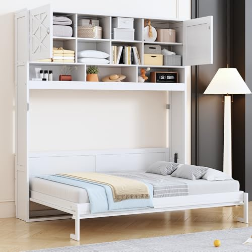 Merax Queen Size Murphy Bed with Top Cabinets and Shelves, Fold into The Wall, Space-Saving Design, Multifunctional Foldable Platform Bed Frame for Bedroom, Guest Room, Home Office, White
