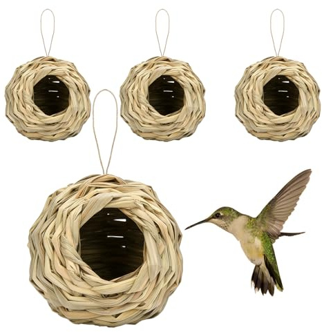 HAICN 4Pieces 12cm Hanging Bird Nest House Natural Hummingbird Ball House Hatching Breeding Cave House Handwoven Straw Bird Accessory for Outdoor Garden