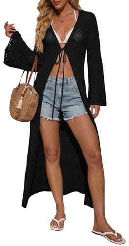 Saodimallsu Womens Crochet Beach Cover up Tie Front Bell Sleeve Lightweight Knit Long Cardigans Summer Vacation Outfits Black