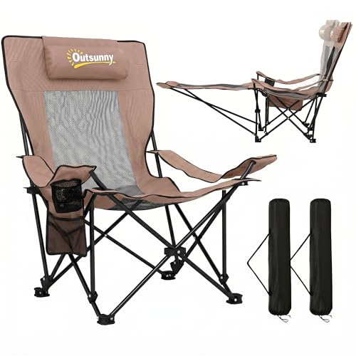Outsunny Set 2 Sedie da Campeggio Pieghevoli con Poggiapiedi Staccabile, Portabicchieri e Tasca Laterale, Sedie da Giardino in Tessuto Oxford e Metallo, 165x80x90 cm, Marrone e Nero