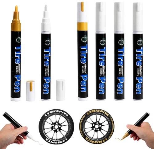 LYMISPIYA Set di 5 pennarelli bianchi permanenti impermeabili – penna per pittura auto, pneumatici cerchioni, penna ritocco vernice carrozzeria a strisce, feltro bianco indelebile legno pietra tela, 4