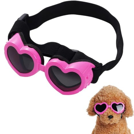 MEISO Occhiali per Cani, Occhiali da Sole Cani a Cuore con Cinturini Regolabili, Antivento, Anti Spruzzi, Anti Vento, Accessori Cani Domestici per Cani Taglia Piccola