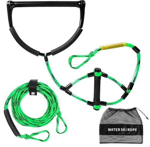 Cuerda de esquí acuático de 75 pies con mango de 15 pulgadas, línea de remolque flotante de 4 secciones para tubos, material de polipropileno para kayak y rafting (rojo)