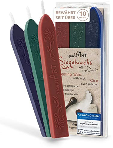 gravurART Siegelwachs Bordeaux Rot - Dunkelblau - Dunkelgrün - Briefe, Einladungen und Geschenke versiegeln und aufpeppen mit Stempelwachs für Siegelstempel - 3 Stangen Wachs mit Docht