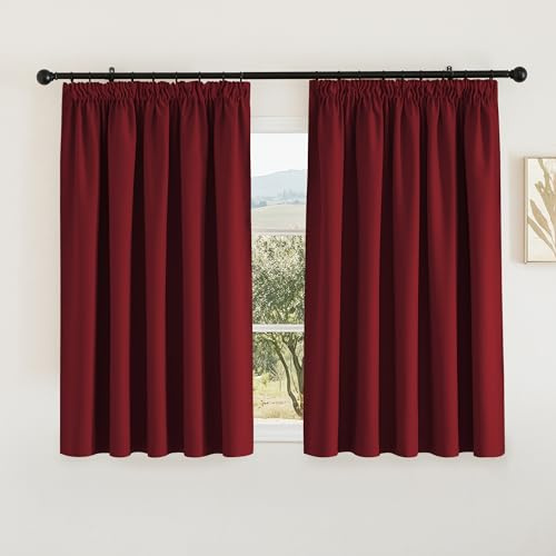 PONY DANCE Blackout Pencil Pleat Curtains, Red, W66 x L54 Inch, 2 Panels | Thermal Insulated Curtains with Noise Reducing & Privacy, Luxury Soft Window Treatment for Bedroom & Living Room