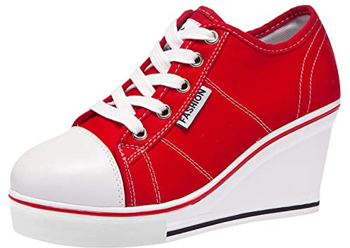 ANUFER Mujer Tacón de Cuña con Cordones Lona Zapatos Deportivos Alpargatas SN02435 Rojo EU37