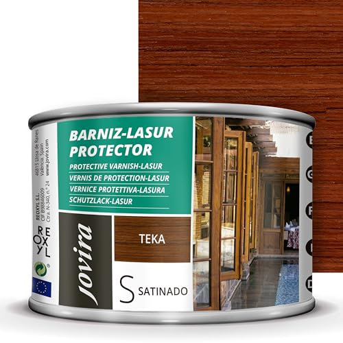 JOVIRA PINTURAS BARNIZ-LASUR Protector Satinado (7 colores) Protege, decora y embellece todo tipo de madera (375 Mililitros, Teka) D-03E