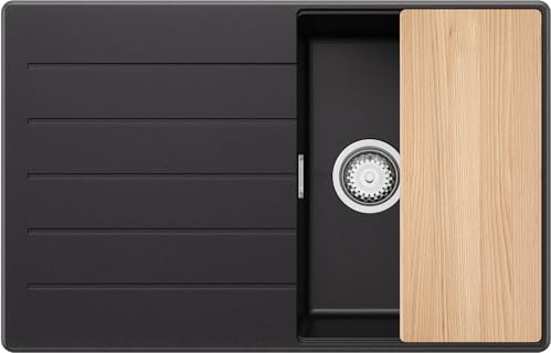 PRIMAGRAN Lavello da Cucina Nero 78x50cm, Lavandino in Granito a 1 vasca + Set di accessori, Lavabo da Cucina Incasso al Mobile 45cm - Copenhagen Top S339
