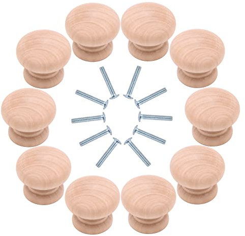 Yuknees 10 Pezzi Manopole per Mobili,Manopole in Legno Rotonde,per Armadi e Cassetti, Colore Legno-con Viti