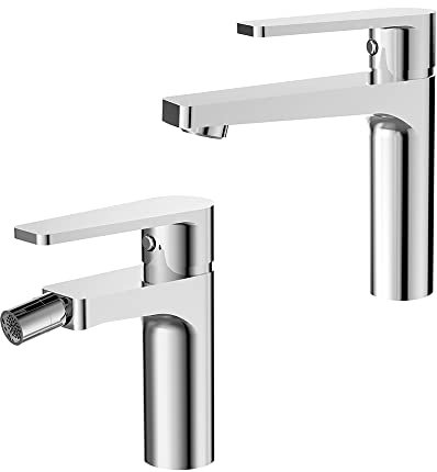 Inbagno Set rubinetti miscelatori lavabo e Bidet Quadrati, Design Squadrato, rubinetteria in Ottone Cromato, Recta