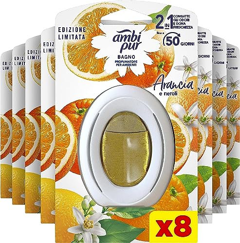 Ambi Pur Bagno Profumatore Per Ambienti, 8 Profumatori Bagno, Fragranza Arancia, Diffusore Ambiente Con Tecnologia Elimina Odori, Durata Fino a 50 Giorni Per Profumatore