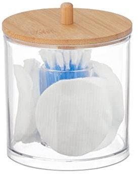Relaxdays Porta Cotton Fioc, Bagno, Dispenser per Dischetti di Cotone, Plastica, Coperchio bambù, Naturale Trasparente, 11 x 10 cm