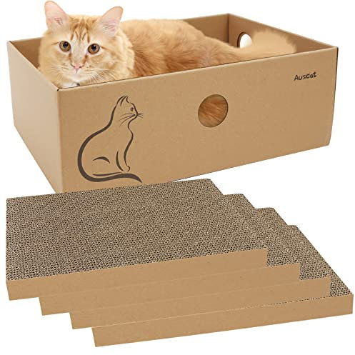 AUSCAT Kratzbrett Katze mit Box, 4 STK. Doppelseitige Kratzpappe für Katzen, Wellpappe Kratzbrett für Katzen Indoor, 37x27x13 cm