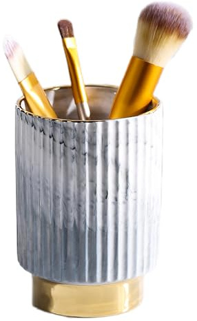 IEEK Makeup Brush Holder Organizer Pen Pencil Cup Glass Make Up Brushes and Toothbrush Organizer for Bathroom Vanity Desktop European Style Striped Brushes Container,Grey and Gold