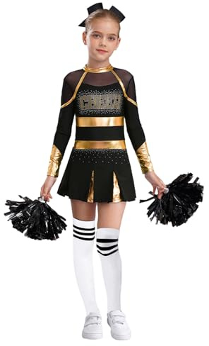 Alvivi Enfant Fille Déguisement Pom-pom Girl Uniforme Pom Pom Girl Robe Manches Longues Costume Performance Carnaval Halloween 5-16 Ans Or et Blanc 11-12 ans