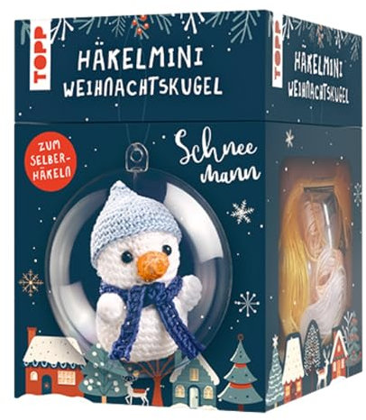 TOPP Häkelmini-Weihnachtskugel Häkelset Schneemann: Anleitung, Garn (100% Baumwolle) in 5 Farben, Häkelnadel (1,5 mm), Kunststoffkugel (7 cm), Füllwatte, Perlen, Glöckchen, White