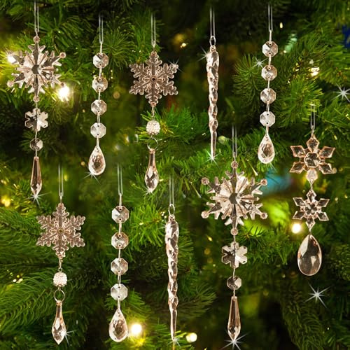 18pcs Crystal Christmas Ornaments for Christmas Tree Decorations-Champagne Hanging Acrylic Snowflake and Icicle Ornaments with Drop Pendants for New Year Party Decorations Supplies