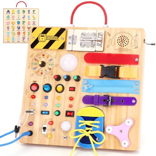 Hoarosall 23 in 1 Busy Board Montessori Toys from 1 year Activity Board Wooden Toy With 15 Switches, 26 LED Lights, Motor Skills Toy for 1 2 3 year old boys and girls