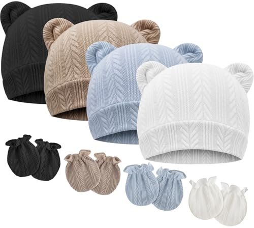 DRESHOW Bonnets de Naissance et Moufles de Protection Bébé Gants Bonnet Nouveau-né Bambin Doux Mignon Tricoté Chapeau 0-6 Mois, Taille Unique,4 Sets: Bear Ears Hats & Mittens 03UK
