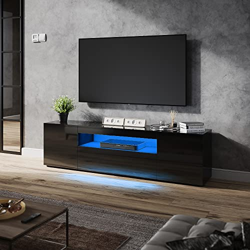 ELEGANT 180cm LED TV Unit Black Gloss Modern TV Stand Cabinet with Ambient RGN Lights for 50 52 55 60 65 75 inch 4k TV Living Room and Bedroom Furniture with Storages and Shelves