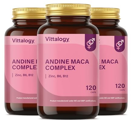 VITTALOGY Andine Maca Complex Maca Andina Pura 4000 Mg con Vitaminas B6, B12 y Zinc para Energía, Vitalidad y Deseo. Raíz de Maca Peruana Vigorizante para Hombre. 360 Cápsulas