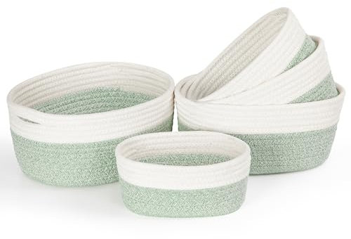 Vikcvcsc Cestini Portaoggetti in Corda di Cotone, Set di 5 Organizer Bagno, Cestini Portaoggetti Neonato, Contenitore Bagno, Ceste con Manici, Storage Baskets, Bianco & Verde