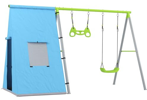 AIYAPLAY - Columpio para niños (3 años, 3 en 1, columpio de jardín, con tienda de columpio, anillos de gimnasia y marco de metal, color verde