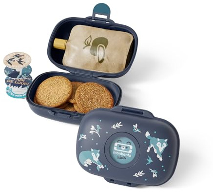 Monbento Boite à Gouter Enfant Gram Bleu Wolf - Boîte à Gouter Sans BPA Idéale pour École, Pique-nique, Vacances - Boîte à Gouter Garçon Fille avec Motif Loup - Personnalisable et Résistante