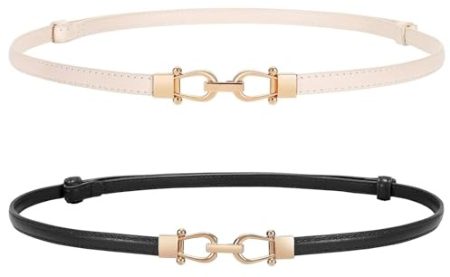 WERFORU Lot de 2 Ceinture Femme Cuir Ceinture Fine Réglable avec Boucle Dorée pour Robes Jeans Pantalons