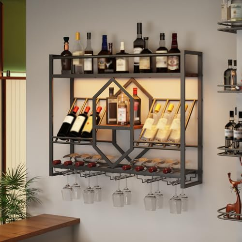 HOOBRO Wall Mounted Wine Rack with LED Light, 31.5 Wine Shelf, 3 Tier Wine Bottle Display Shelf with Glass Holder, Hanging Bar Liquor Storage Rack, for Kitchen, Bar, Rustic Brown and Black BF73DBJ01