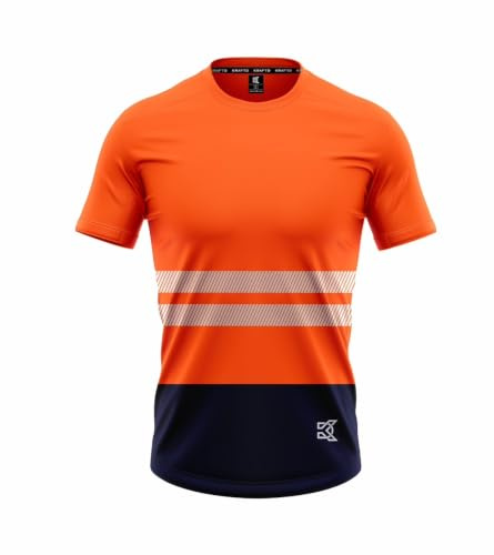 kraftd Hi Vis T Shirt Short Sleeve Work Safety Top Breathable Crew Neck Reflective High Visibility Summer Workwear T-Shirt for Outdoor & Construction (Orange/Navy)