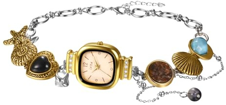 JewelryWe Women's Ocean Necklace Watch: Square Dial with Seashell Starfish Imitation Gems Charms Gold Silver Two-Tone Stainless Steel Adjustable Chain Analog Quartz Watches