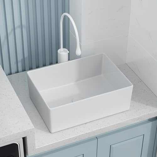 Fregadero rectangular de cerámica de alta calidad con grifo, lavabo de tocador sobre encimera brillante, compacto de 40 x 30 x 16 cm, para espacios pequeños, color blanco