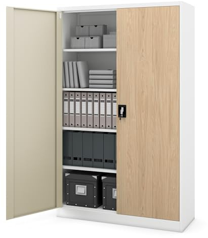Jan Nowak Armoire de Bureau métallique verrouillable avec 4 étagères réglables pour dossiers et Archives en Acier Robuste 115 x 185 x 40 cm Blanc chêne Sonoma