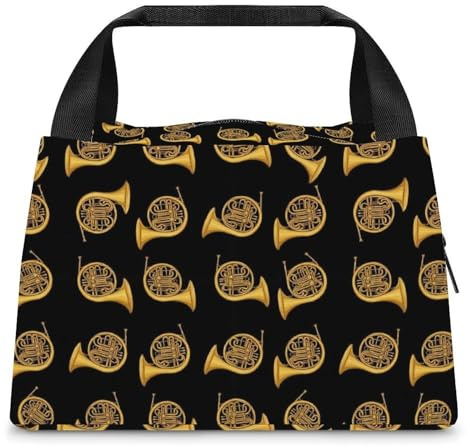 VAFZASC Easy Carry Insulated Lunch Bag Tote with Handle, French Horns Gold Musical Instrument Black Reusable Lunch Box for Women Men Work Business Picnic